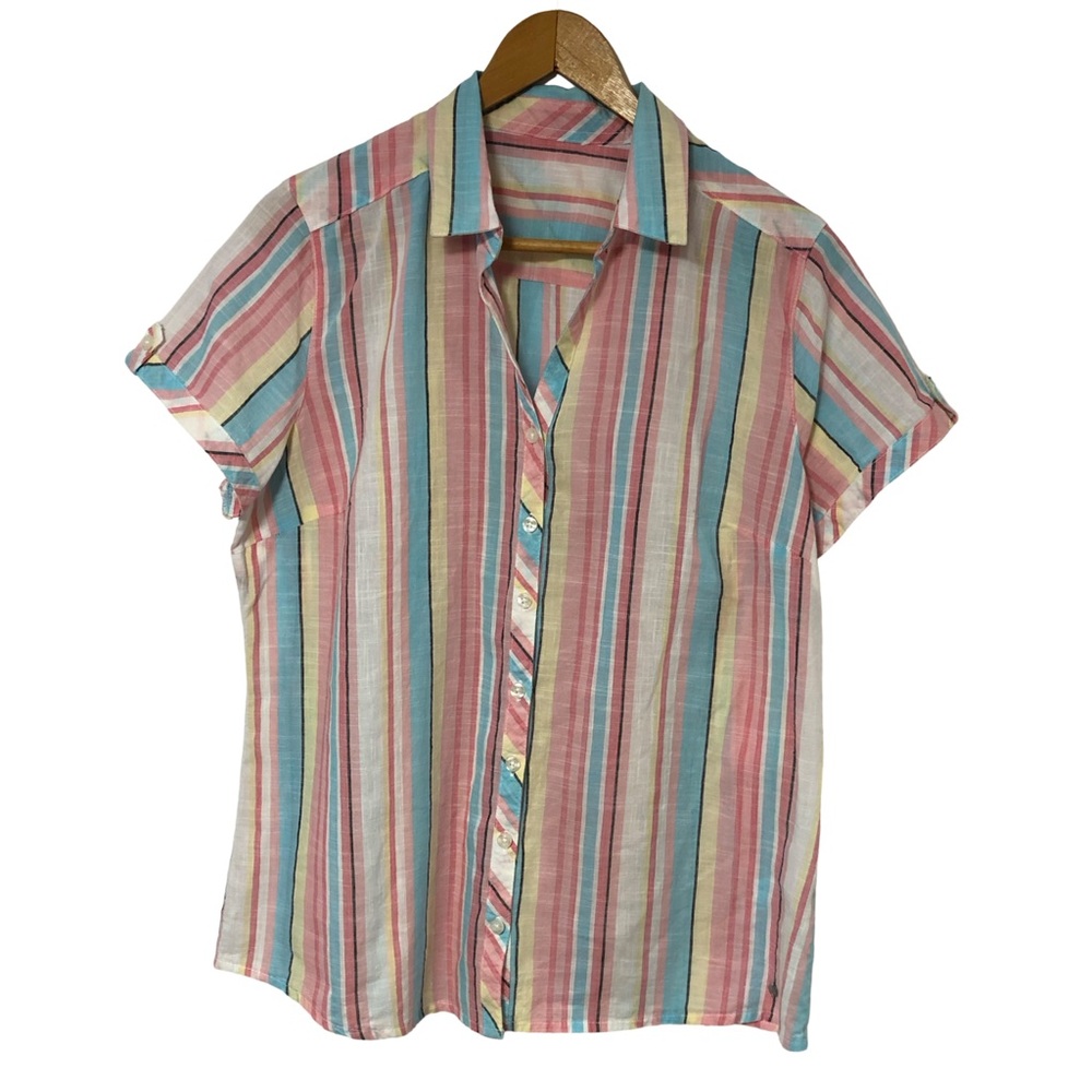 Pastel stripe Cotton summer short sleeve top Pink Blue -M- striped 90s top 🩵🩷